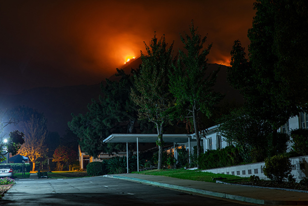 2020's Bobcat Fire looms behind a California neighborhood.