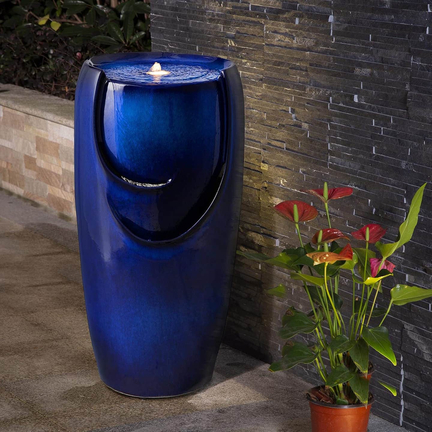 Cobalt Blue Ceramic Water Fountain – Zen Soundscape for Your Garden