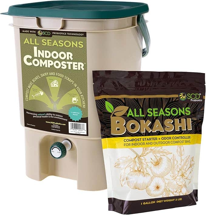 All Seasons Indoor Composter Starter Kit – 5 Gallon Tan Compost Bin For Kitchen Countertop With Lid