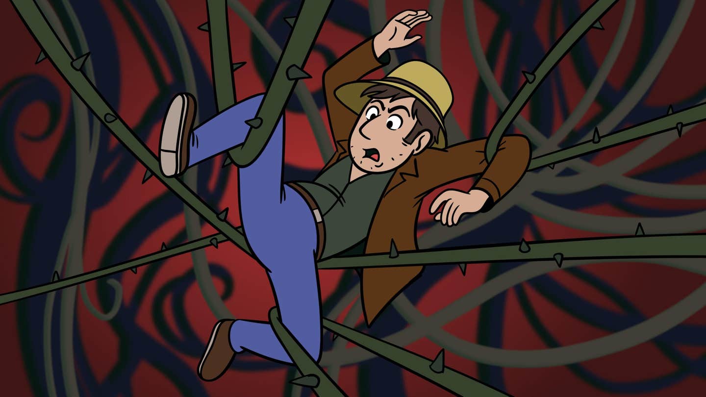 Illustration of a gardener tangled in thorny vines