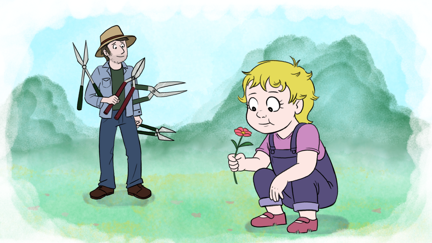 Illustration of gardener and a child holding a flower